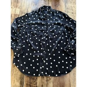 Chaps Black White Polka Dot Satin Button Down Long Tunic Blouse Women 3X Plus